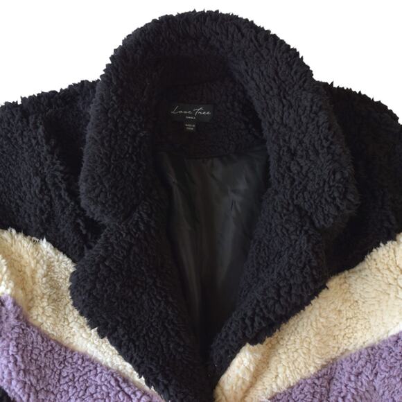 Love Tree Sherpa Colorblock Long Coat – Black/Purple/Cream (Small) - Picture 2 of 5